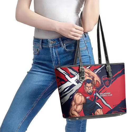 Melbourne Football Club Leather Tote Bag Demons Muscular Mascot Graphic - Abstract Paint Splatter Art