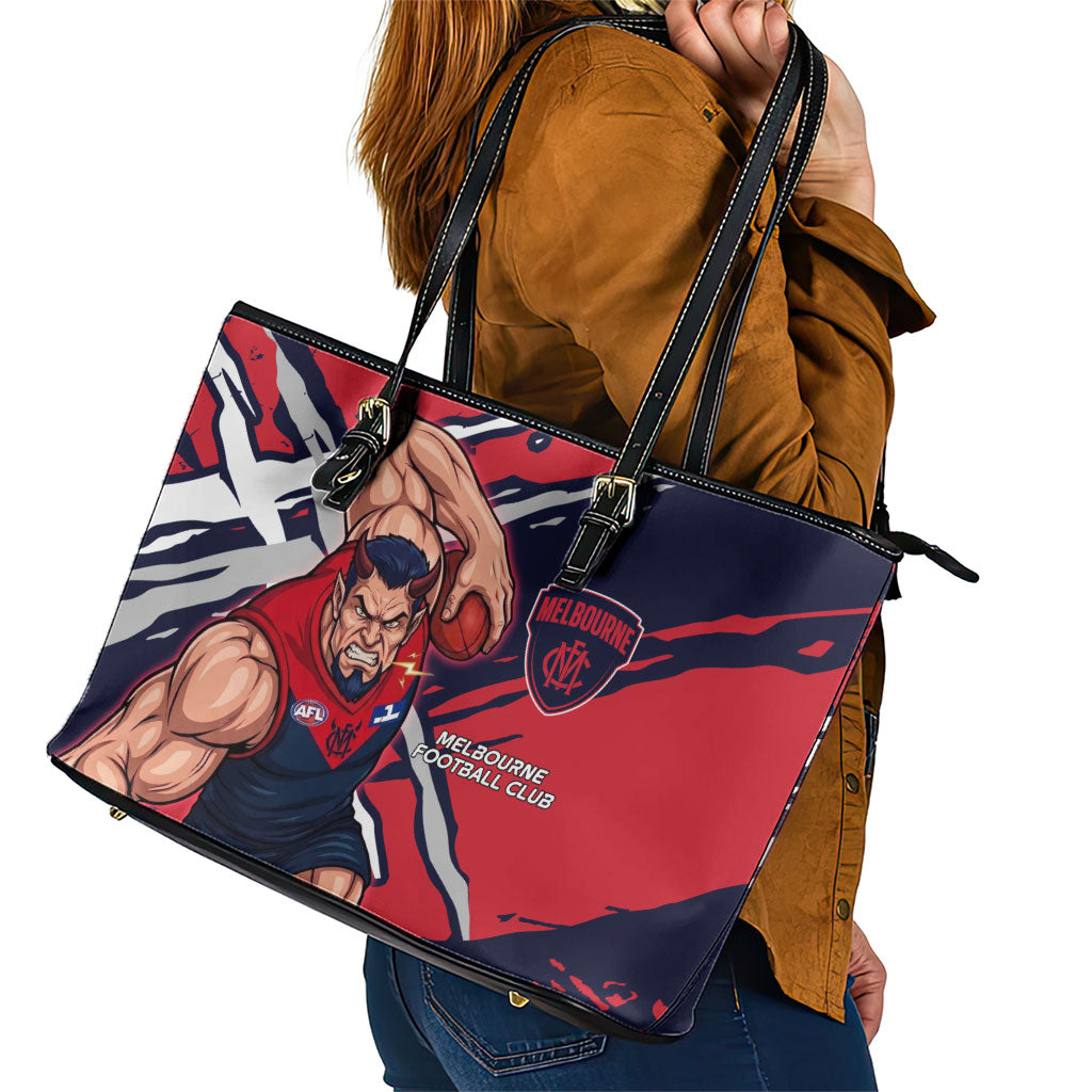 Melbourne Football Club Leather Tote Bag Demons Muscular Mascot Graphic - Abstract Paint Splatter Art