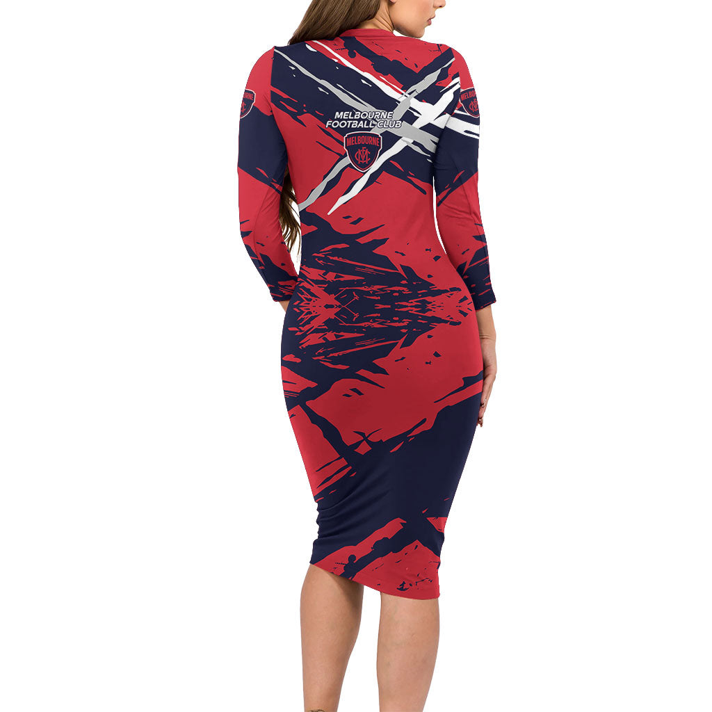 Melbourne Football Club Long Sleeve Bodycon Dress Demons Muscular Mascot Graphic - Abstract Paint Splatter Art