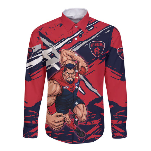 Melbourne Football Club Long Sleeve Button Shirt Demons Muscular Mascot Graphic - Abstract Paint Splatter Art