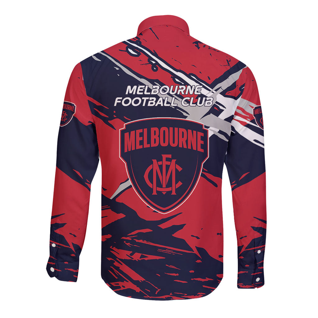 Melbourne Football Club Long Sleeve Button Shirt Demons Muscular Mascot Graphic - Abstract Paint Splatter Art