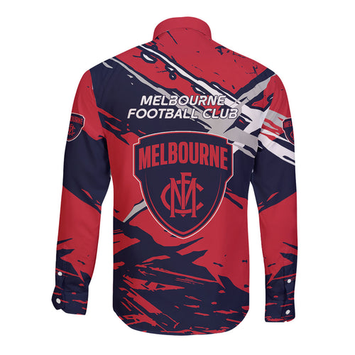 Melbourne Football Club Long Sleeve Button Shirt Demons Muscular Mascot Graphic - Abstract Paint Splatter Art