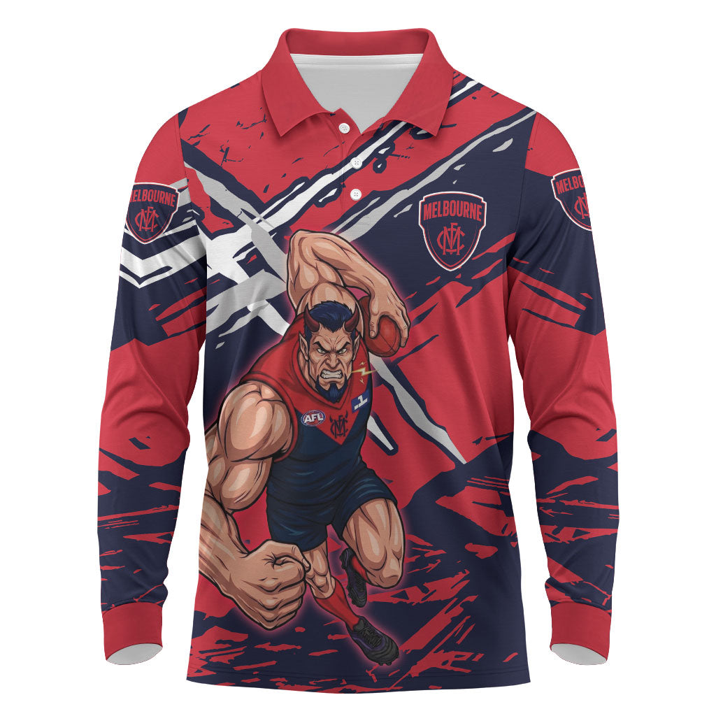 Melbourne Football Club Long Sleeve Polo Shirt Demons Muscular Mascot Graphic - Abstract Paint Splatter Art