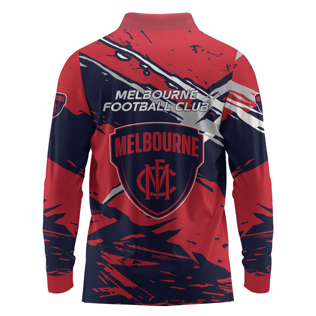 Melbourne Football Club Long Sleeve Polo Shirt Demons Muscular Mascot Graphic - Abstract Paint Splatter Art