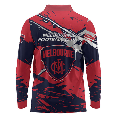 Melbourne Football Club Long Sleeve Polo Shirt Demons Muscular Mascot Graphic - Abstract Paint Splatter Art