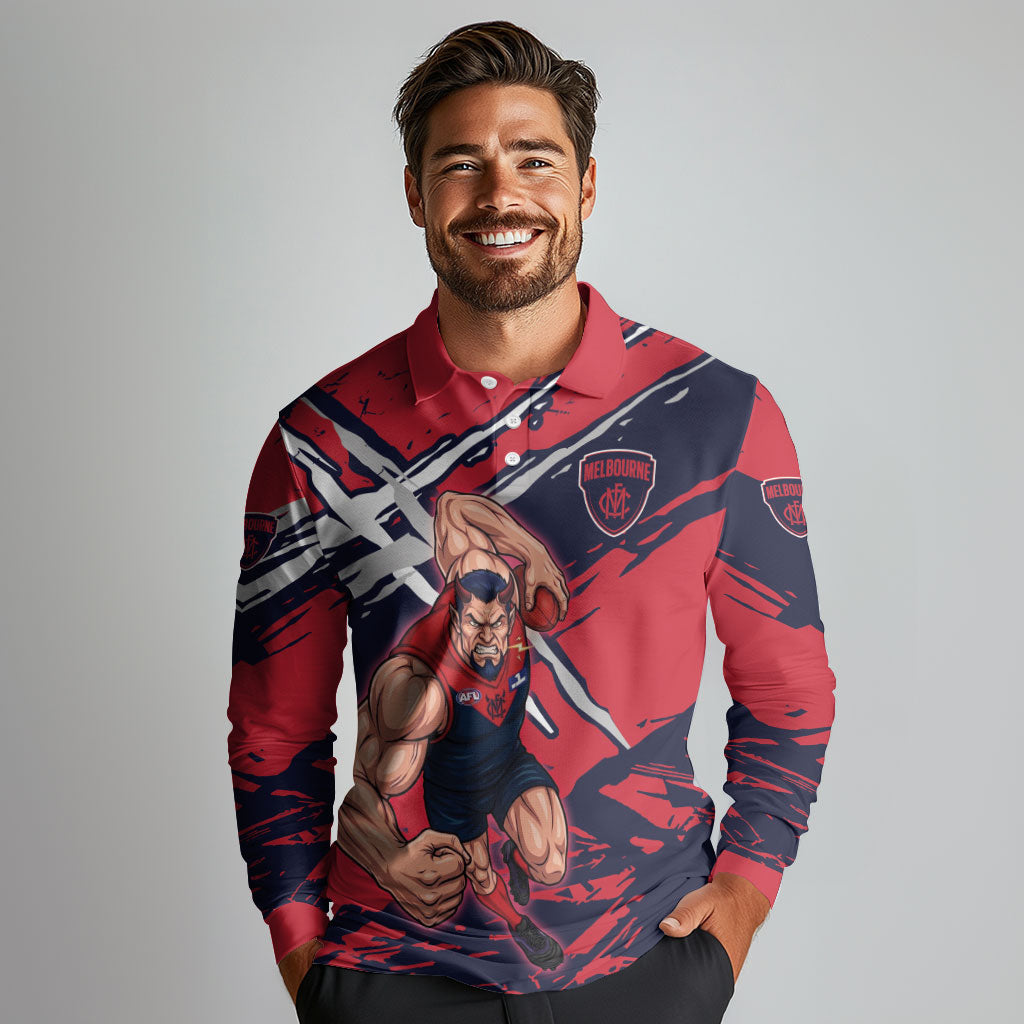 Melbourne Football Club Long Sleeve Polo Shirt Demons Muscular Mascot Graphic - Abstract Paint Splatter Art