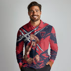 Melbourne Football Club Long Sleeve Polo Shirt Demons Muscular Mascot Graphic - Abstract Paint Splatter Art
