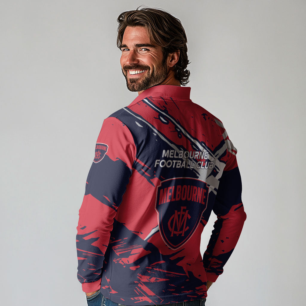 Melbourne Football Club Long Sleeve Polo Shirt Demons Muscular Mascot Graphic - Abstract Paint Splatter Art