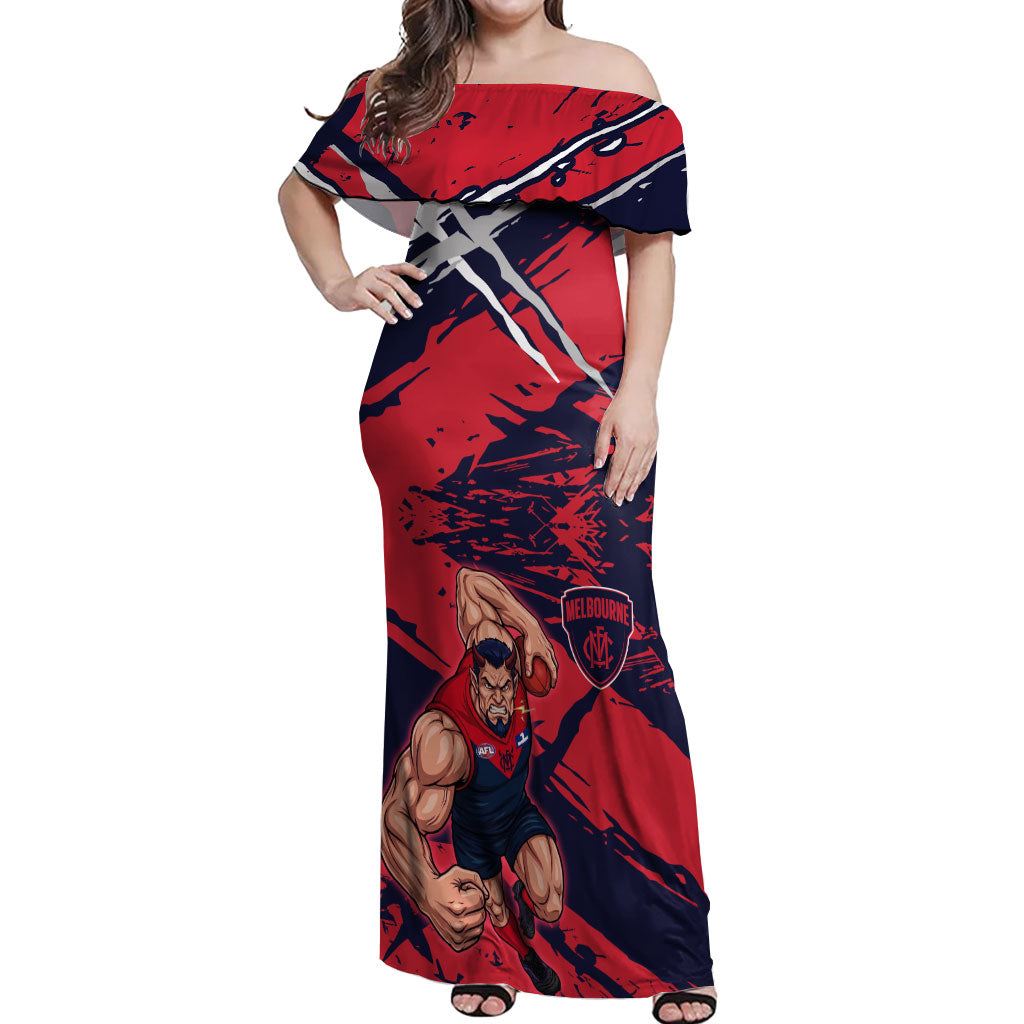 Melbourne Football Club Off Shoulder Maxi Dress Demons Muscular Mascot Graphic - Abstract Paint Splatter Art