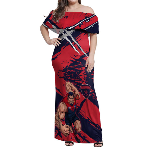 Melbourne Football Club Off Shoulder Maxi Dress Demons Muscular Mascot Graphic - Abstract Paint Splatter Art