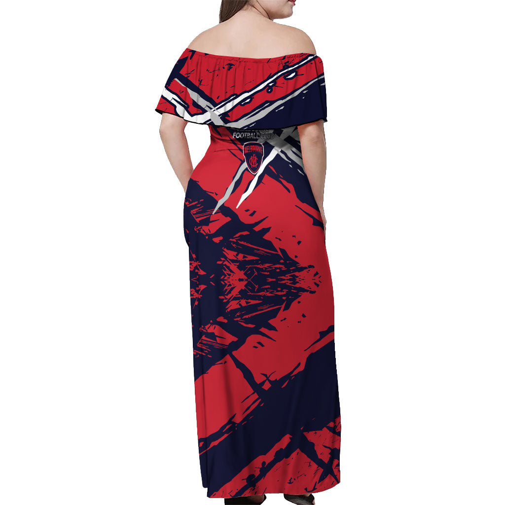 Melbourne Football Club Off Shoulder Maxi Dress Demons Muscular Mascot Graphic - Abstract Paint Splatter Art