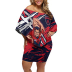 Melbourne Football Club Off Shoulder Short Dress Demons Muscular Mascot Graphic - Abstract Paint Splatter Art
