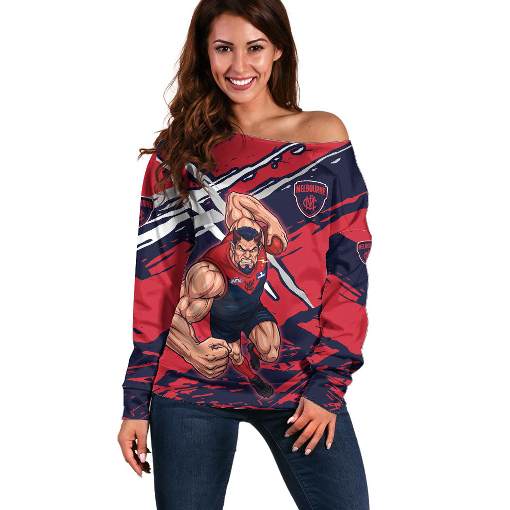 Melbourne Football Club Off Shoulder Sweater Demons Muscular Mascot Graphic - Abstract Paint Splatter Art