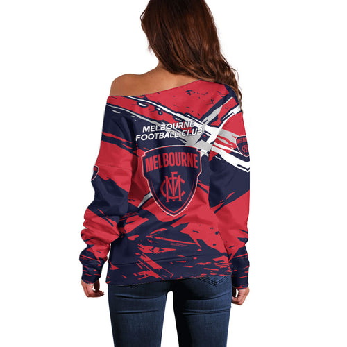 Melbourne Football Club Off Shoulder Sweater Demons Muscular Mascot Graphic - Abstract Paint Splatter Art