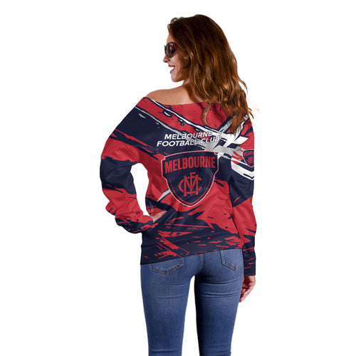 Melbourne Football Club Off Shoulder Sweater Demons Muscular Mascot Graphic - Abstract Paint Splatter Art