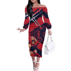 Melbourne Football Club Off The Shoulder Long Sleeve Dress Demons Muscular Mascot Graphic - Abstract Paint Splatter Art