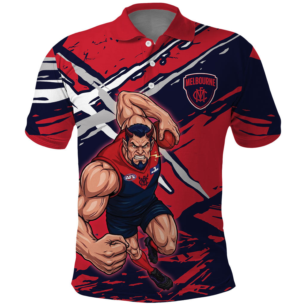Melbourne Football Club Polo Shirt Demons Muscular Mascot Graphic - Abstract Paint Splatter Art