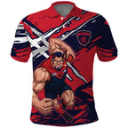 Melbourne Football Club Polo Shirt Demons Muscular Mascot Graphic - Abstract Paint Splatter Art