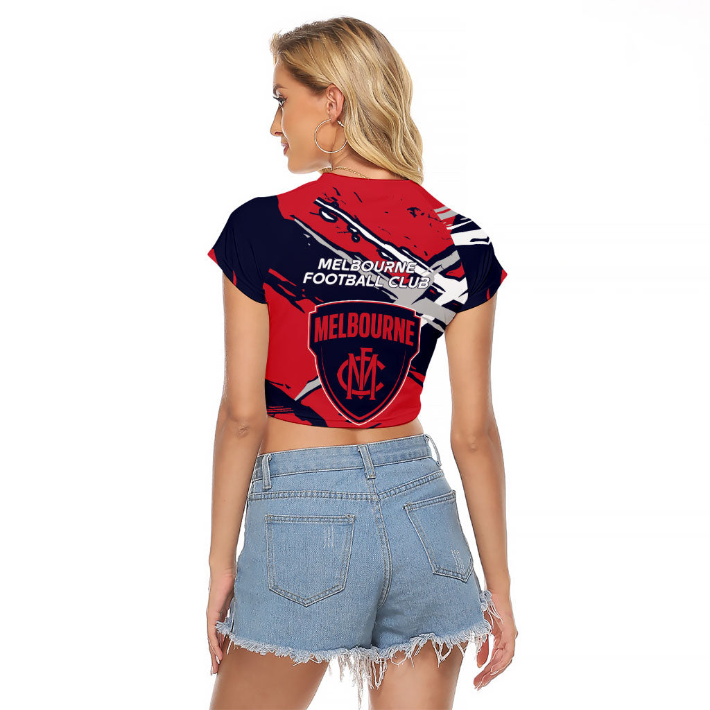 Melbourne Football Club Raglan Cropped T Shirt Demons Muscular Mascot Graphic - Abstract Paint Splatter Art