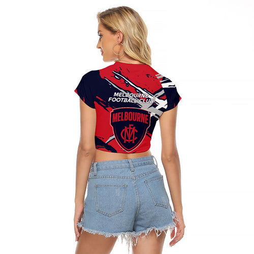Melbourne Football Club Raglan Cropped T Shirt Demons Muscular Mascot Graphic - Abstract Paint Splatter Art