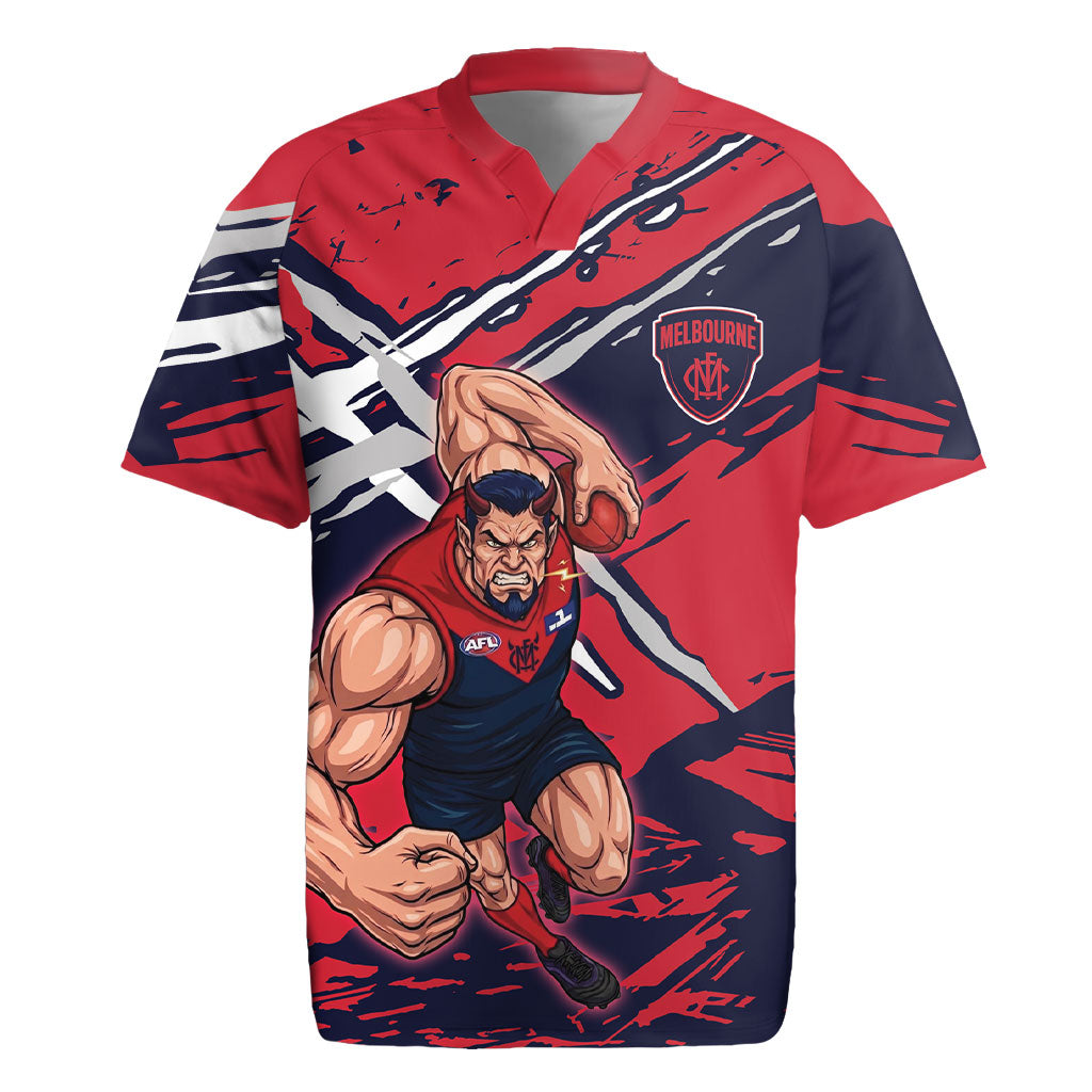 Melbourne Football Club Rugby Jersey Demons Muscular Mascot Graphic - Abstract Paint Splatter Art
