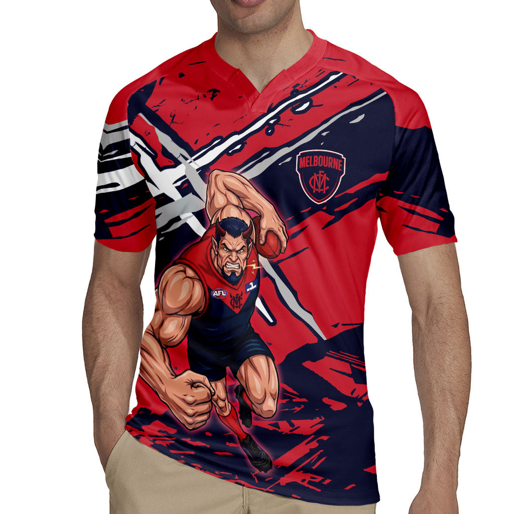 Melbourne Football Club Rugby Jersey Demons Muscular Mascot Graphic - Abstract Paint Splatter Art