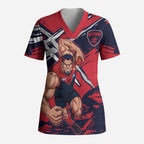 Melbourne Football Club Scrub Top Demons Muscular Mascot Graphic - Abstract Paint Splatter Art
