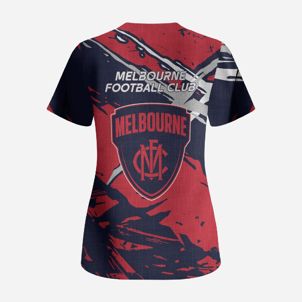 Melbourne Football Club Scrub Top Demons Muscular Mascot Graphic - Abstract Paint Splatter Art