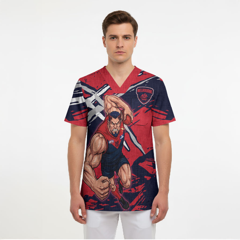 Melbourne Football Club Scrub Top Demons Muscular Mascot Graphic - Abstract Paint Splatter Art