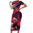 Melbourne Football Club Short Sleeve Bodycon Dress Demons Muscular Mascot Graphic - Abstract Paint Splatter Art
