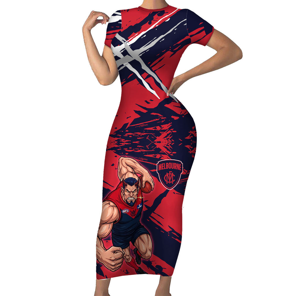 Melbourne Football Club Short Sleeve Bodycon Dress Demons Muscular Mascot Graphic - Abstract Paint Splatter Art
