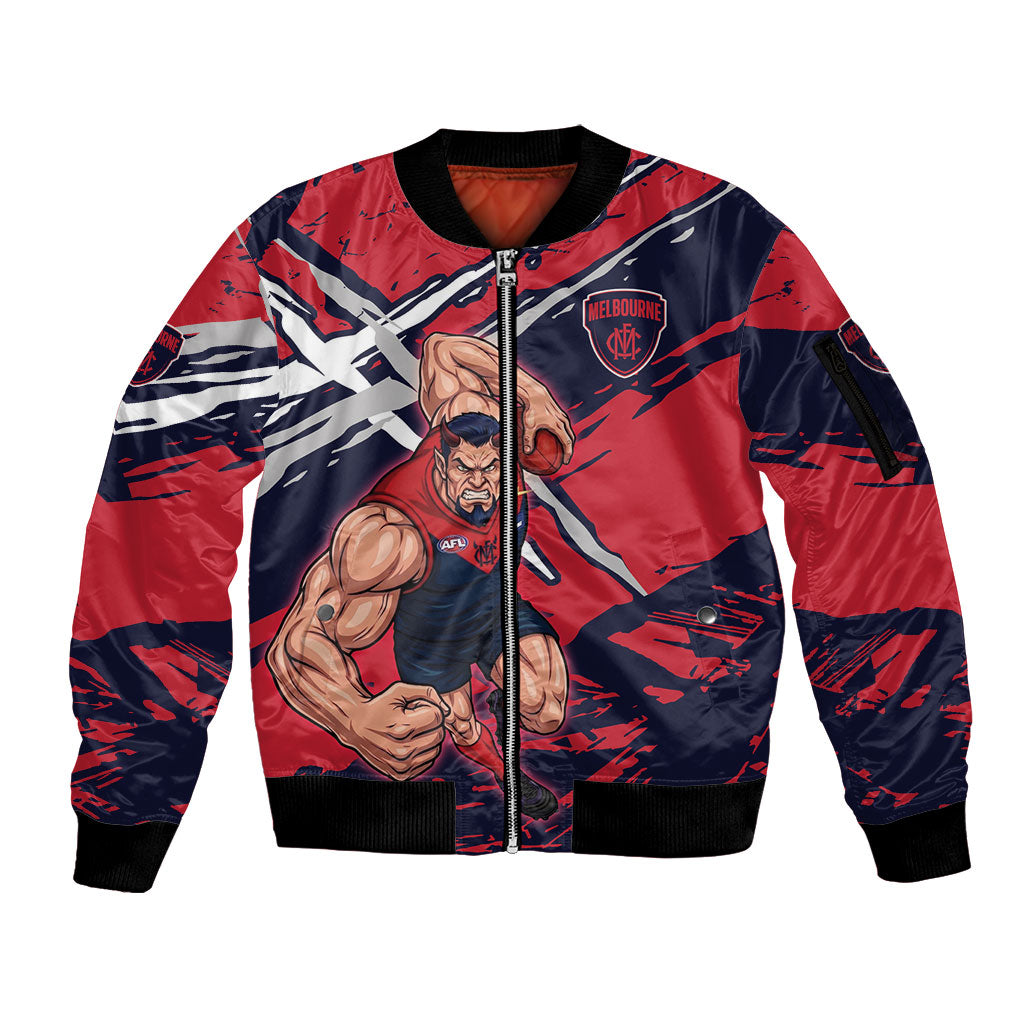 Melbourne Football Club Sleeve Zip Bomber Jacket Demons Muscular Mascot Graphic - Abstract Paint Splatter Art
