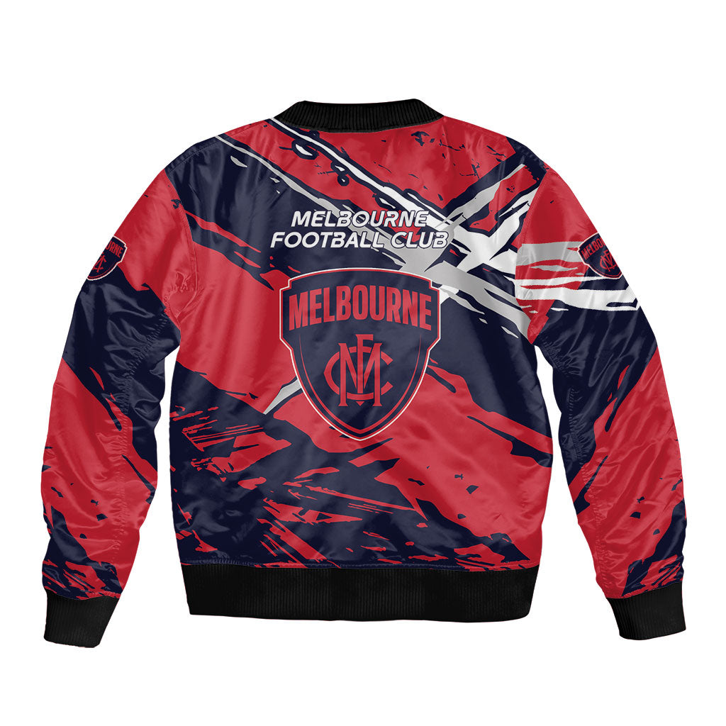 Melbourne Football Club Sleeve Zip Bomber Jacket Demons Muscular Mascot Graphic - Abstract Paint Splatter Art