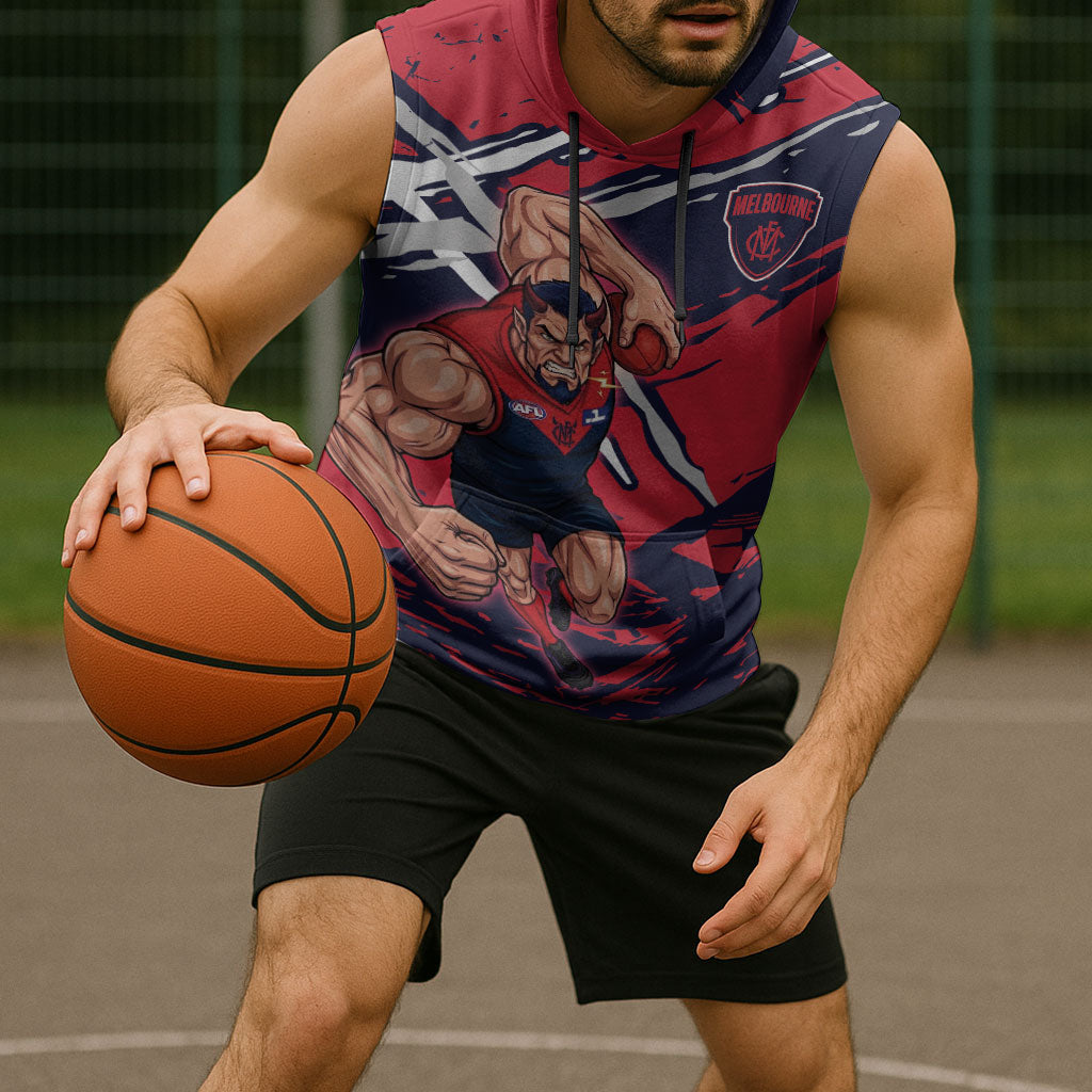 Melbourne Football Club Sleeveless Hoodie Demons Muscular Mascot Graphic - Abstract Paint Splatter Art