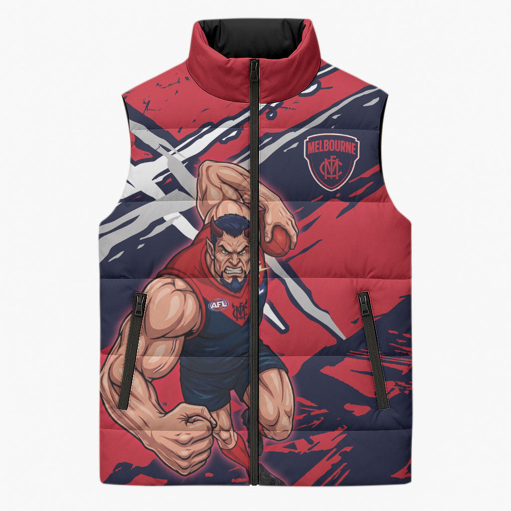 Melbourne Football Club Sleeveless Puffer Jacket Demons Muscular Mascot Graphic - Abstract Paint Splatter Art