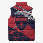 Melbourne Football Club Sleeveless Puffer Jacket Demons Muscular Mascot Graphic - Abstract Paint Splatter Art