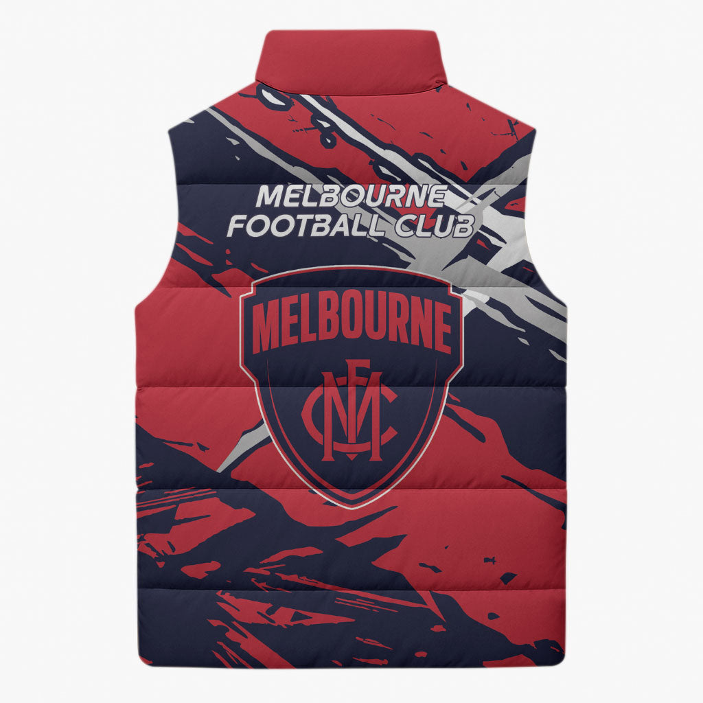 Melbourne Football Club Sleeveless Puffer Jacket Demons Muscular Mascot Graphic - Abstract Paint Splatter Art