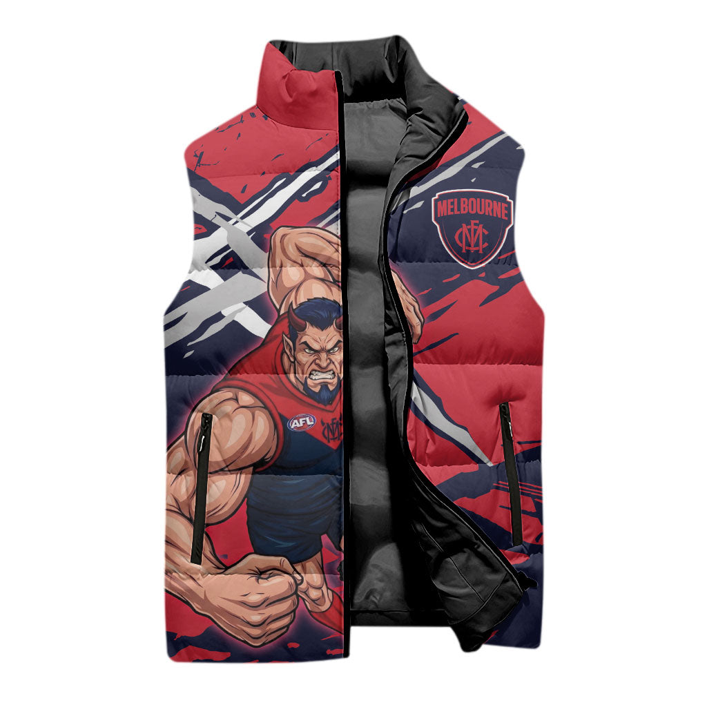 Melbourne Football Club Sleeveless Puffer Jacket Demons Muscular Mascot Graphic - Abstract Paint Splatter Art