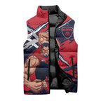 Melbourne Football Club Sleeveless Puffer Jacket Demons Muscular Mascot Graphic - Abstract Paint Splatter Art