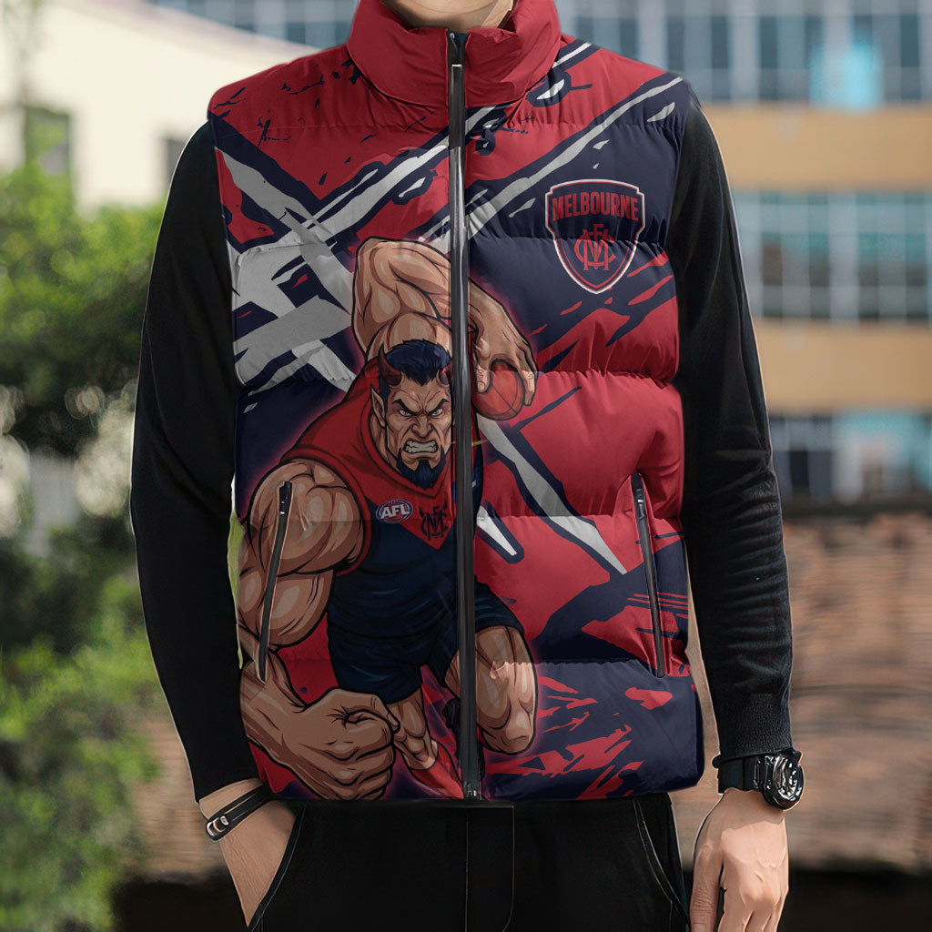 Melbourne Football Club Sleeveless Puffer Jacket Demons Muscular Mascot Graphic - Abstract Paint Splatter Art