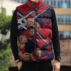 Melbourne Football Club Sleeveless Puffer Jacket Demons Muscular Mascot Graphic - Abstract Paint Splatter Art