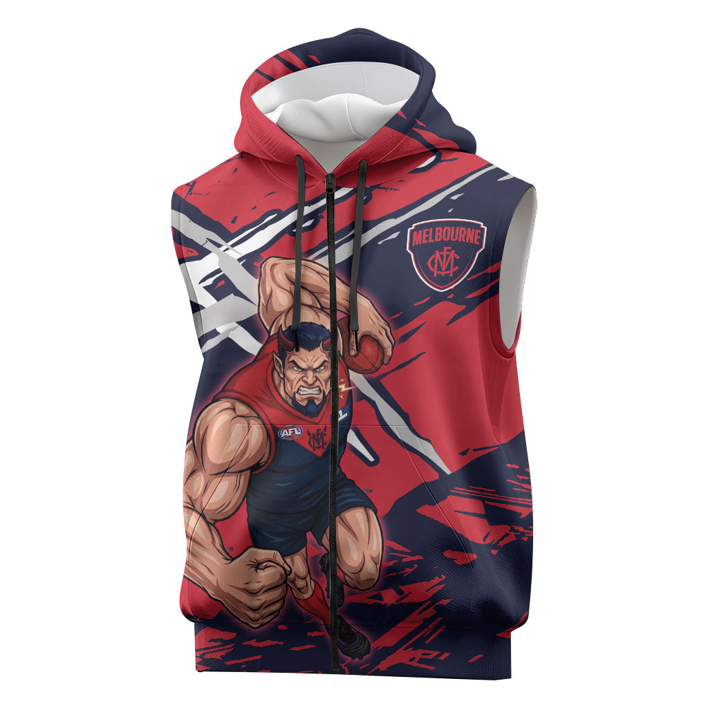 Melbourne Football Club Sleeveless Zip Hoodie Demons Muscular Mascot Graphic - Abstract Paint Splatter Art