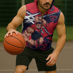 Melbourne Football Club Sleeveless Zip Hoodie Demons Muscular Mascot Graphic - Abstract Paint Splatter Art