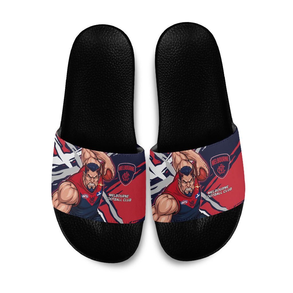 Melbourne Football Club Slide Sandals Demons Muscular Mascot Graphic - Abstract Paint Splatter Art