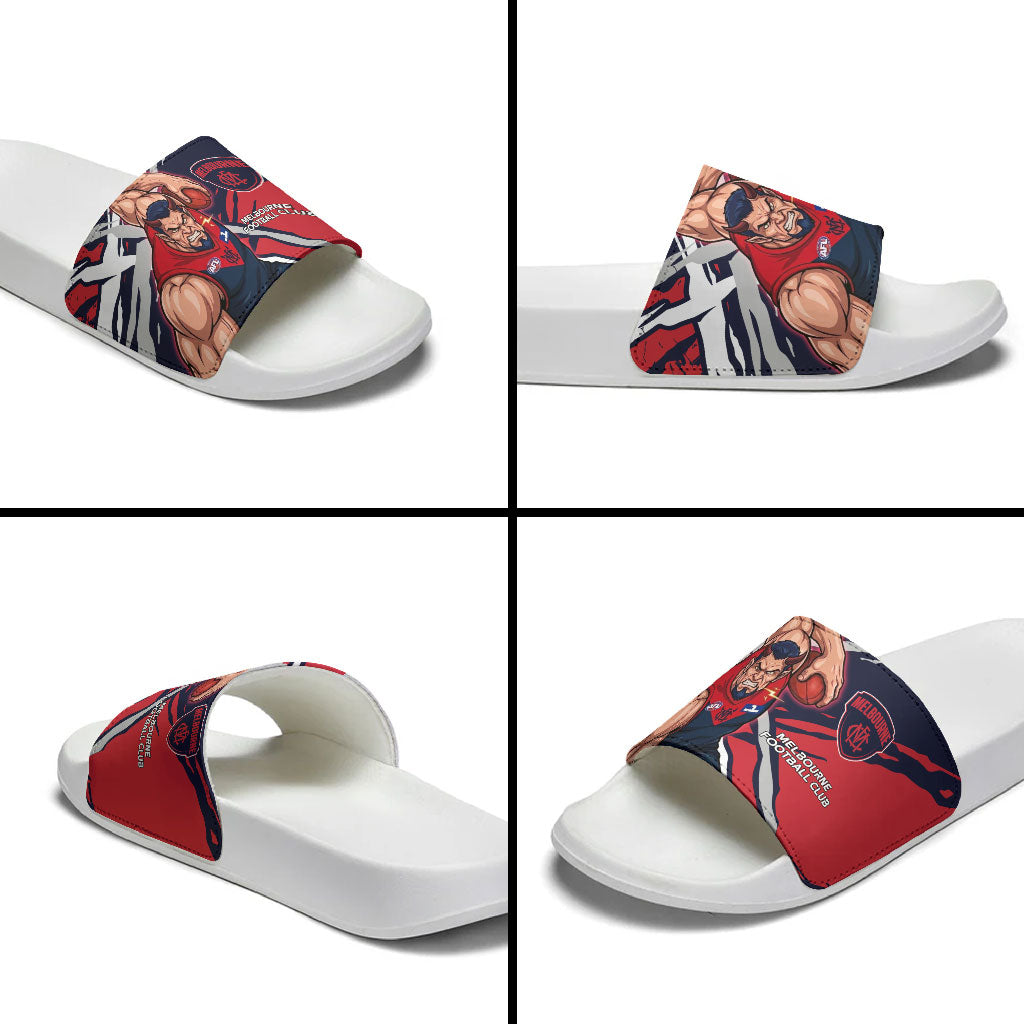 Melbourne Football Club Slide Sandals Demons Muscular Mascot Graphic - Abstract Paint Splatter Art