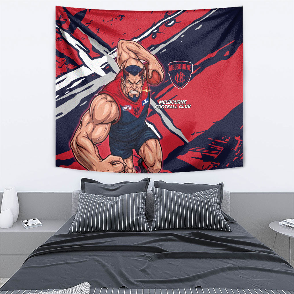 Melbourne Football Club Tapestry Demons Muscular Mascot Graphic - Abstract Paint Splatter Art