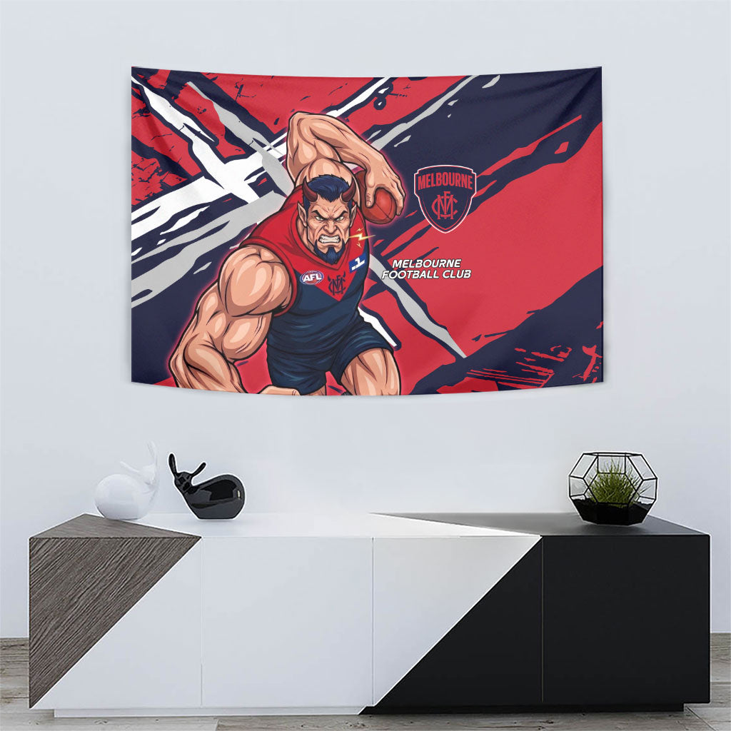 Melbourne Football Club Tapestry Demons Muscular Mascot Graphic - Abstract Paint Splatter Art