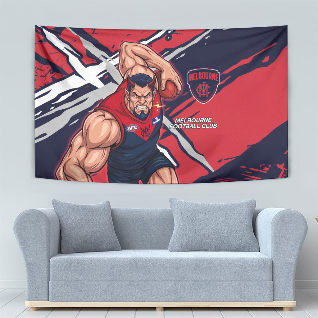 Melbourne Football Club Tapestry Demons Muscular Mascot Graphic - Abstract Paint Splatter Art