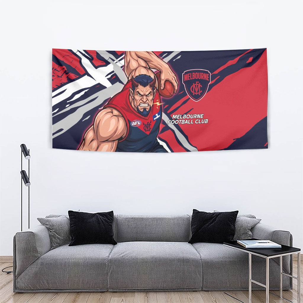 Melbourne Football Club Tapestry Demons Muscular Mascot Graphic - Abstract Paint Splatter Art