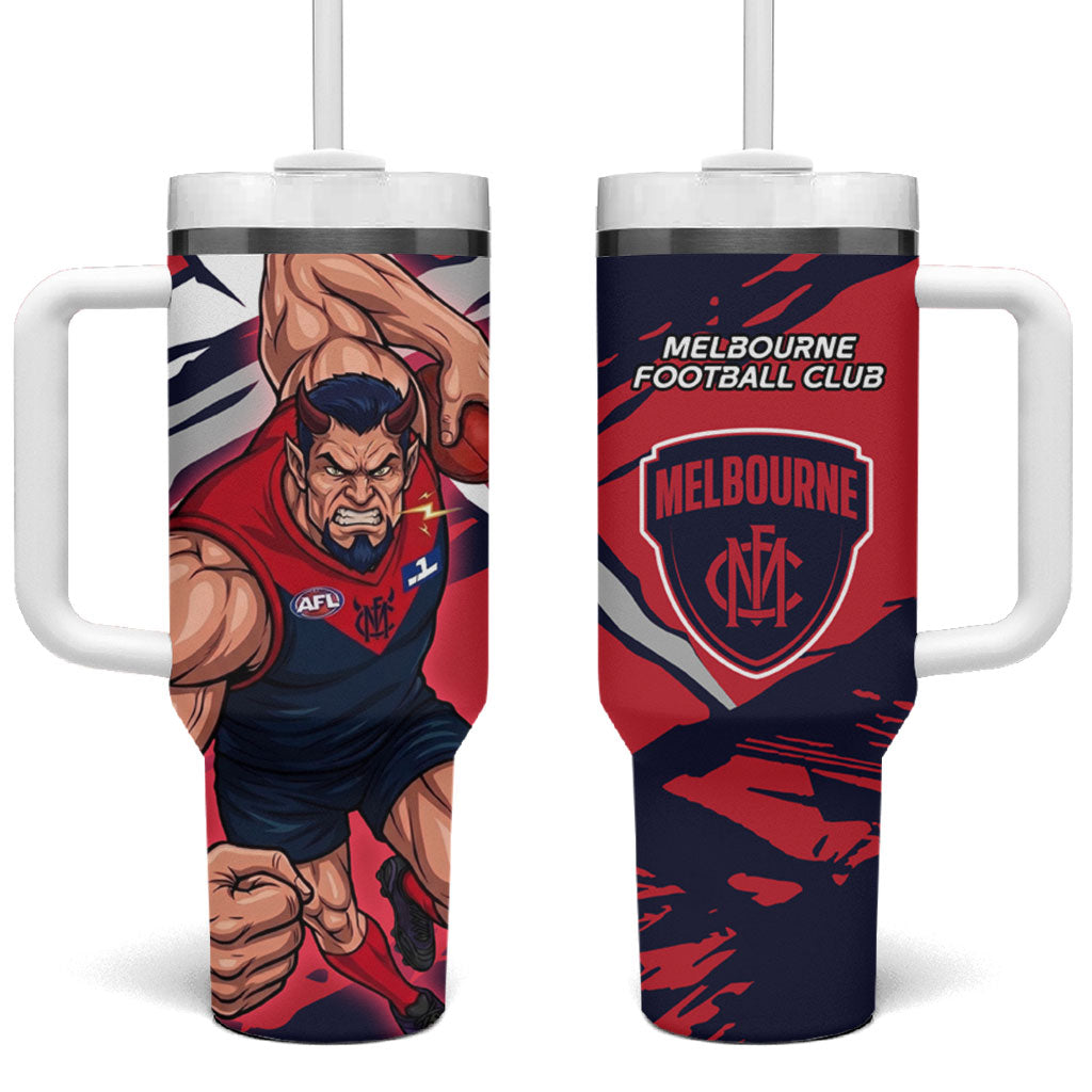Melbourne Football Club Tumbler With Handle Demons Muscular Mascot Graphic - Abstract Paint Splatter Art